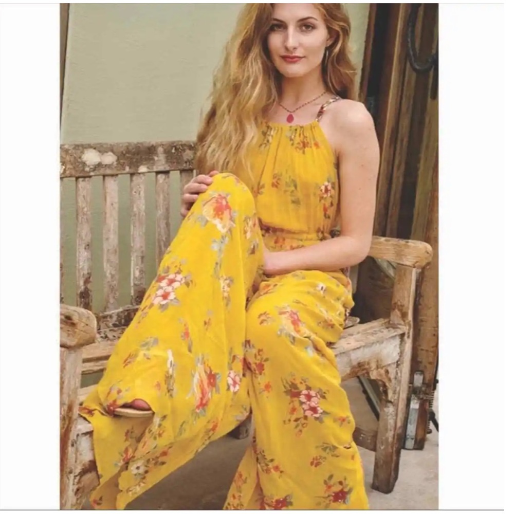 Free People Georgia Floral Chiffon Jumpsuit gold size small